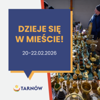 na zdjęciu grafika z napisem Dzieje się w mieście, obok zdjęcie z bazarku (stół z drobiazgami)